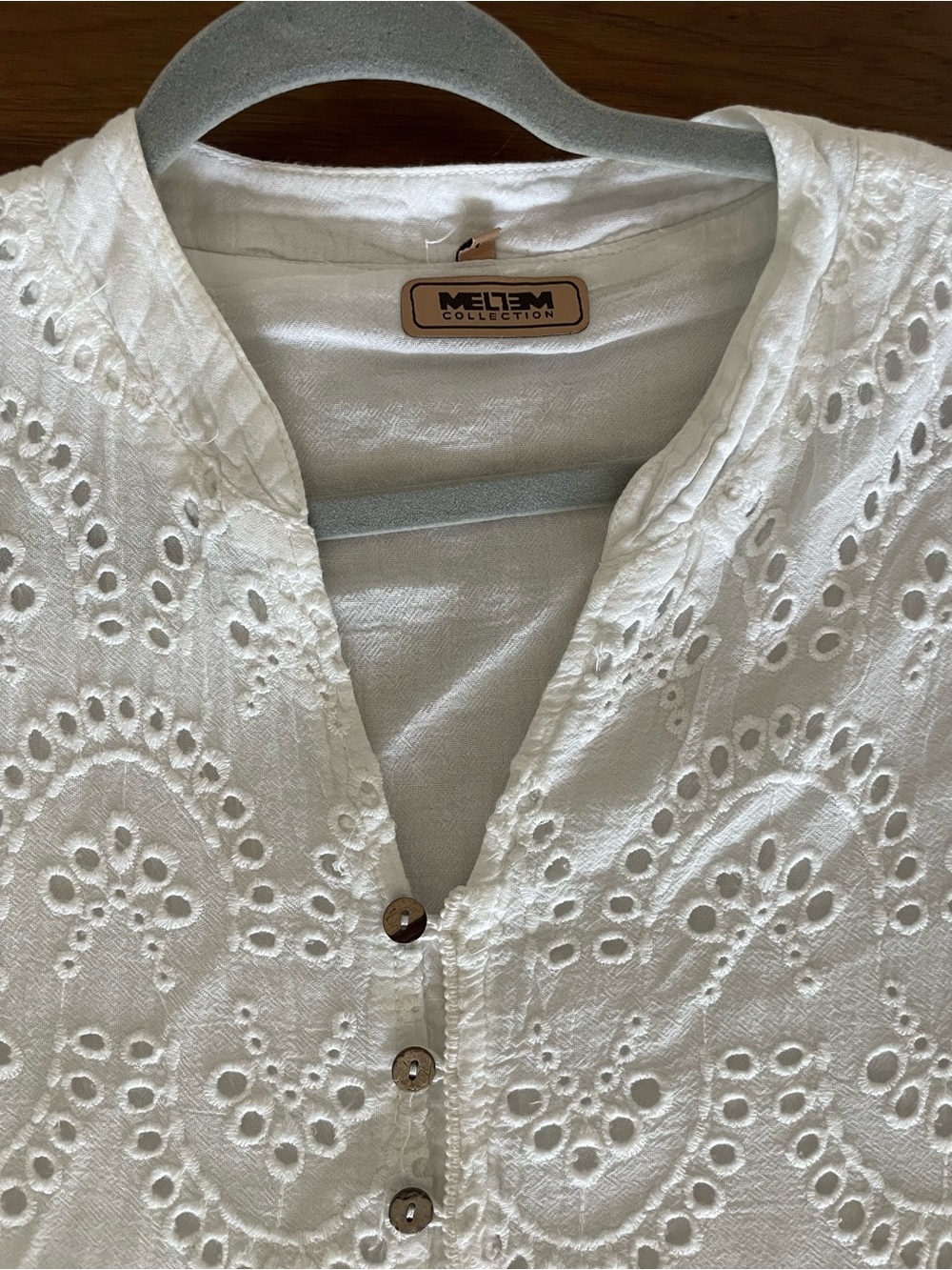 MELLEM Collection White Eyelet Button V-Neck Top